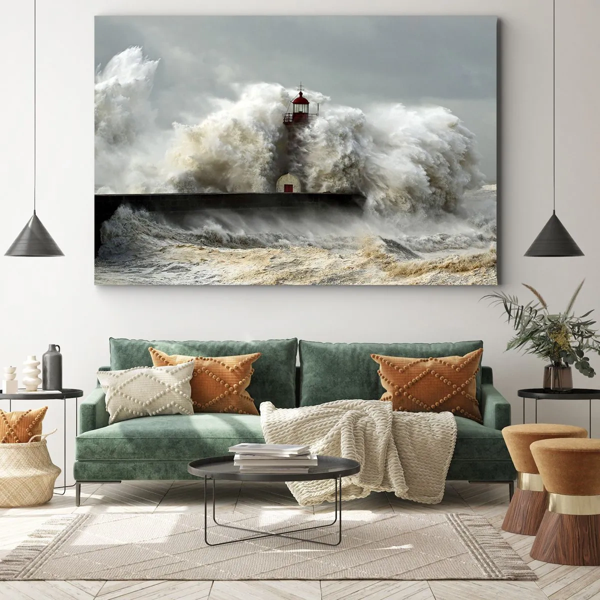 Obraz na plátně - Maják obklopený rozbouřenými vlnami během bouře - 70x50cm - Hněv oceánu - Moderní nástěnná dekorace do obývacího pokoje a ložnice ARTTOR