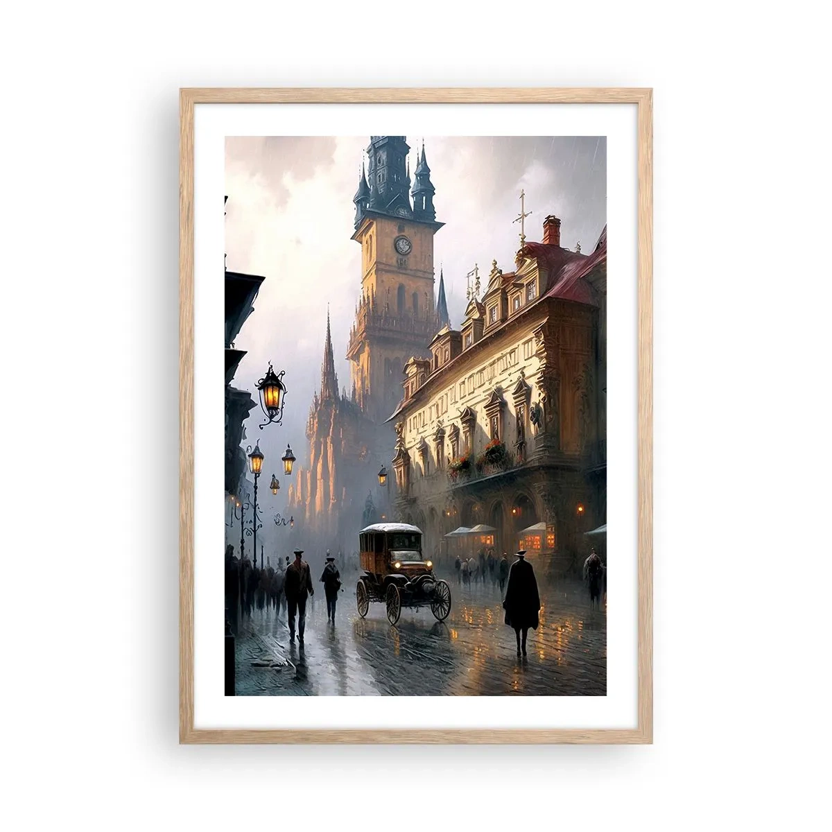 Plakát v rámu světlý dub - Kouzlo pražského večera - 50x70 cm