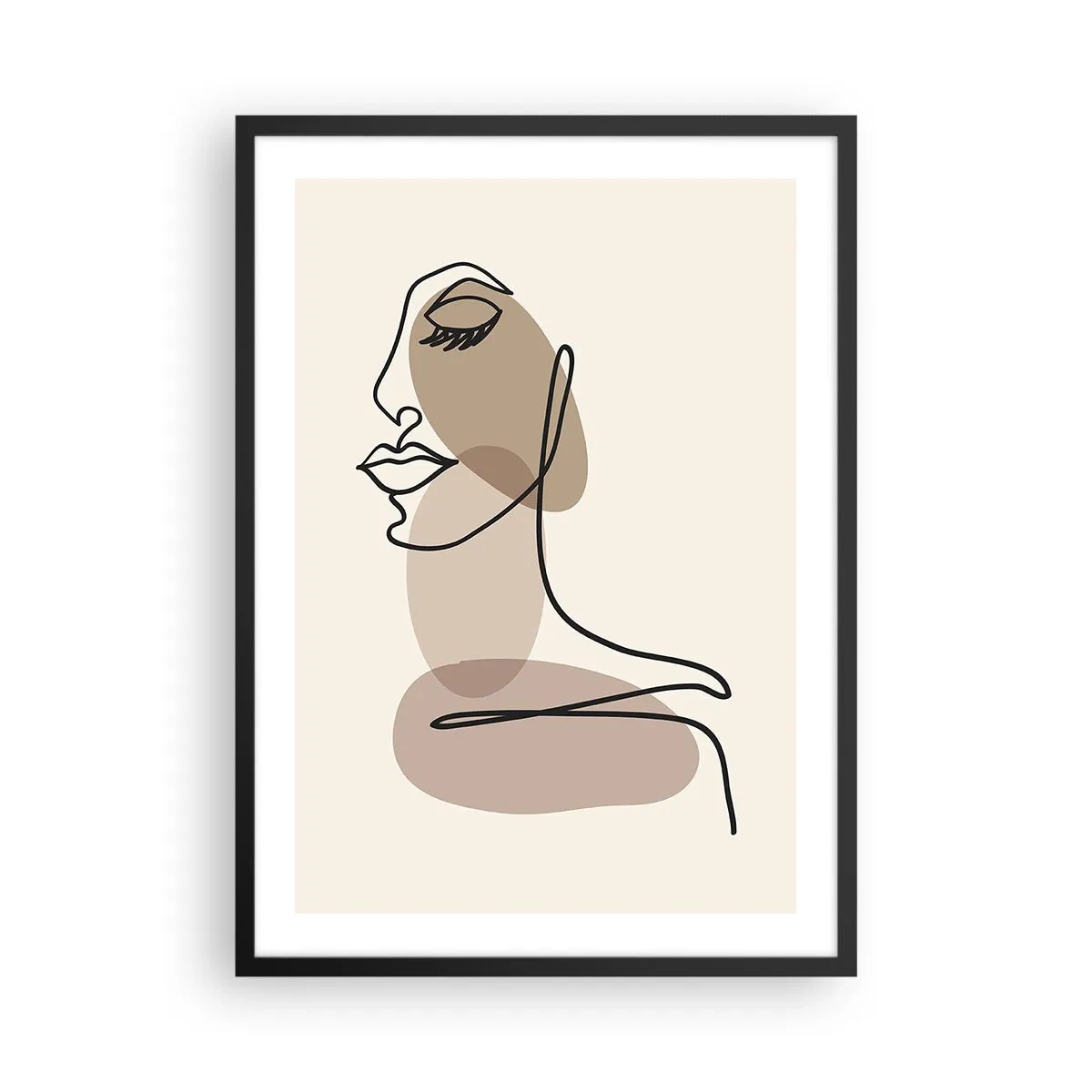 Plakát v černém rámu - Minimalistický portrét ženy v abstraktních hnědých tónech - 50x70cm - Určitá linie krásy - Moderní nástěnná dekorace do obývacího pokoje a ložnice ARTTOR