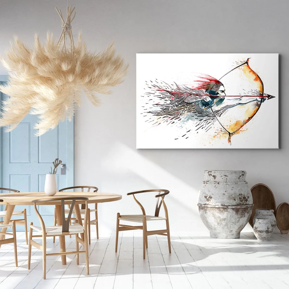 Obraz na plátně - Dynamická akvarelová malba bojovníka s lukem a šípem - 70x50cm - Mytický bojovník s ohnivým lukem - Moderní nástěnná dekorace do obývacího pokoje a ložnice ARTTOR
