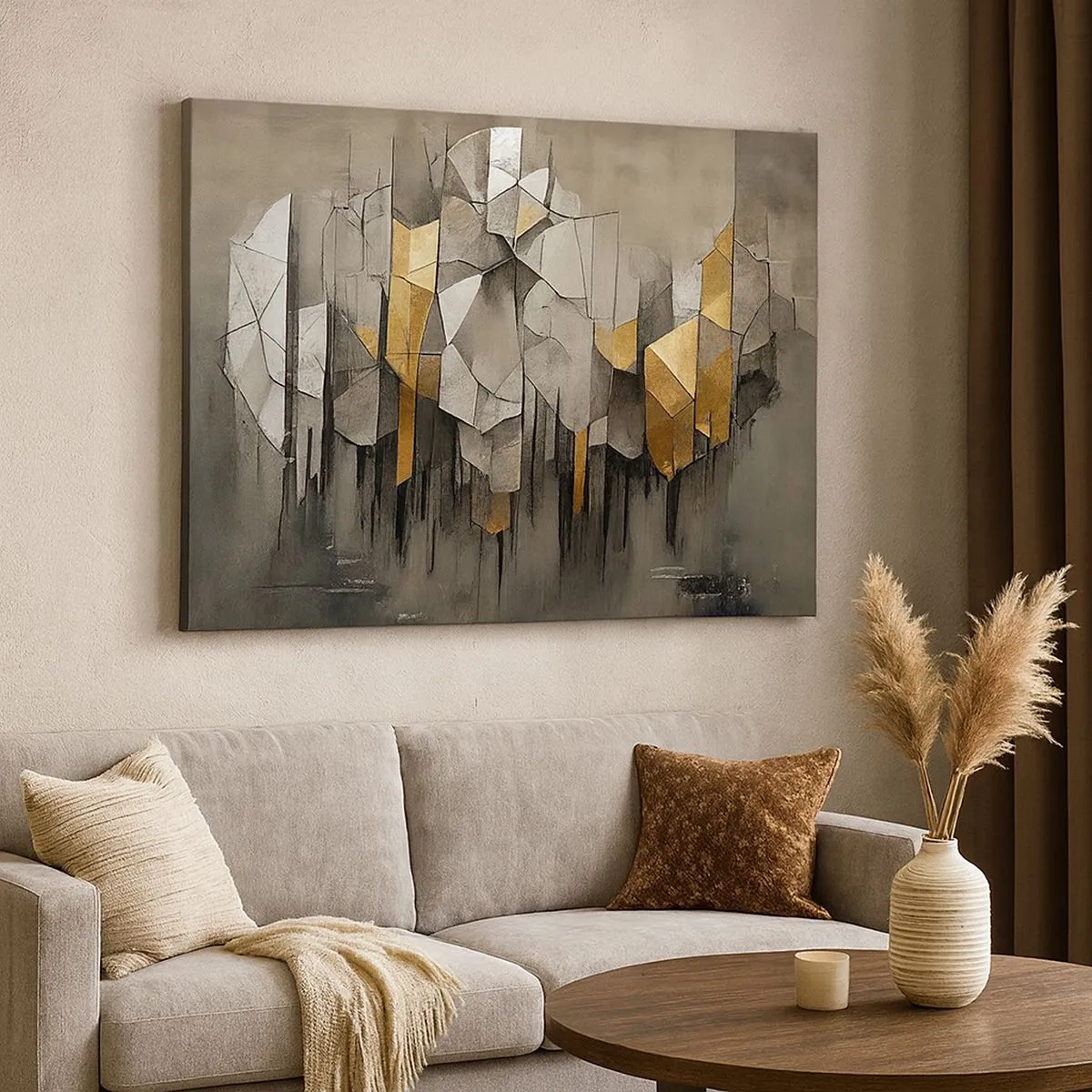 Obraz na plátně - Geometrická abstrakce v odstínech zlaté a šedé - 70x50cm - Kompozice z ledu a světla - Moderní nástěnná dekorace do obývacího pokoje a ložnice ARTTOR