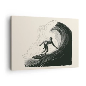 Obraz na plátně - Černobílá grafika surfaře na vlně - 70x50cm - Král vln - Moderní nástěnná dekorace do obývacího pokoje a ložnice ARTTOR