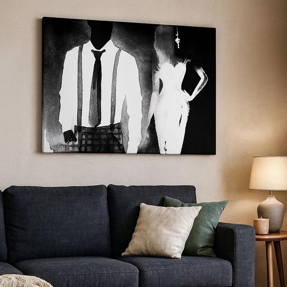 Obraz na plátně - Postavy ve stylu noir, černobílá elegance a tajemno - 70x50cm - Ve stylu noir - Moderní nástěnná dekorace do obývacího pokoje a ložnice ARTTOR
