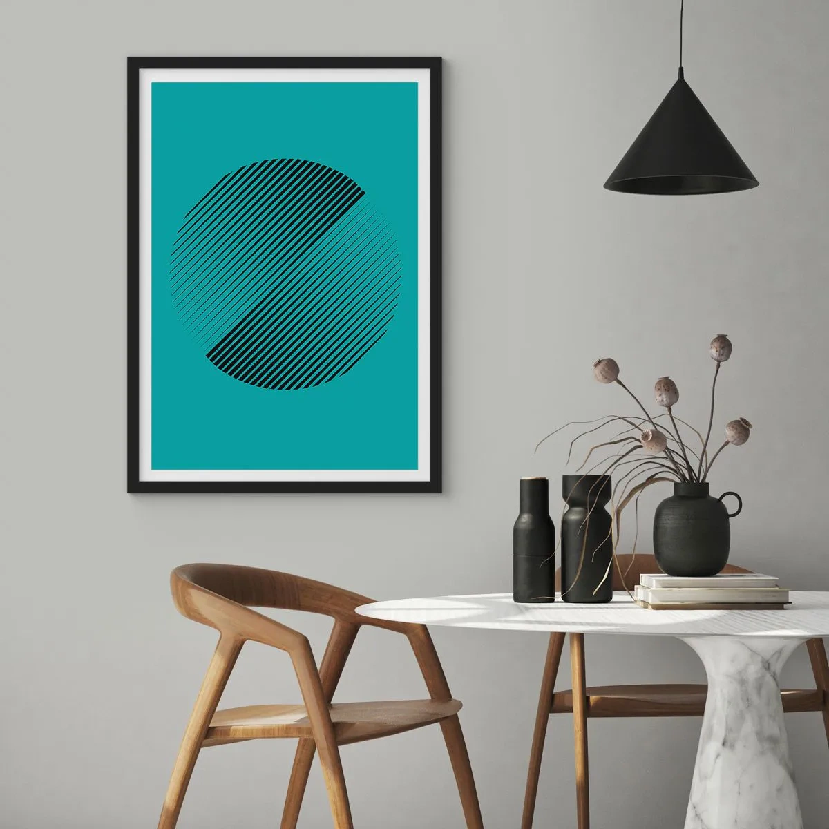 Plakát v černém rámu - Minimalistická kruhová grafika s čarami na tyrkysovém pozadí - 50x70cm - Kruh – geometrická variace - Moderní nástěnná dekorace do obývacího pokoje a ložnice ARTTOR