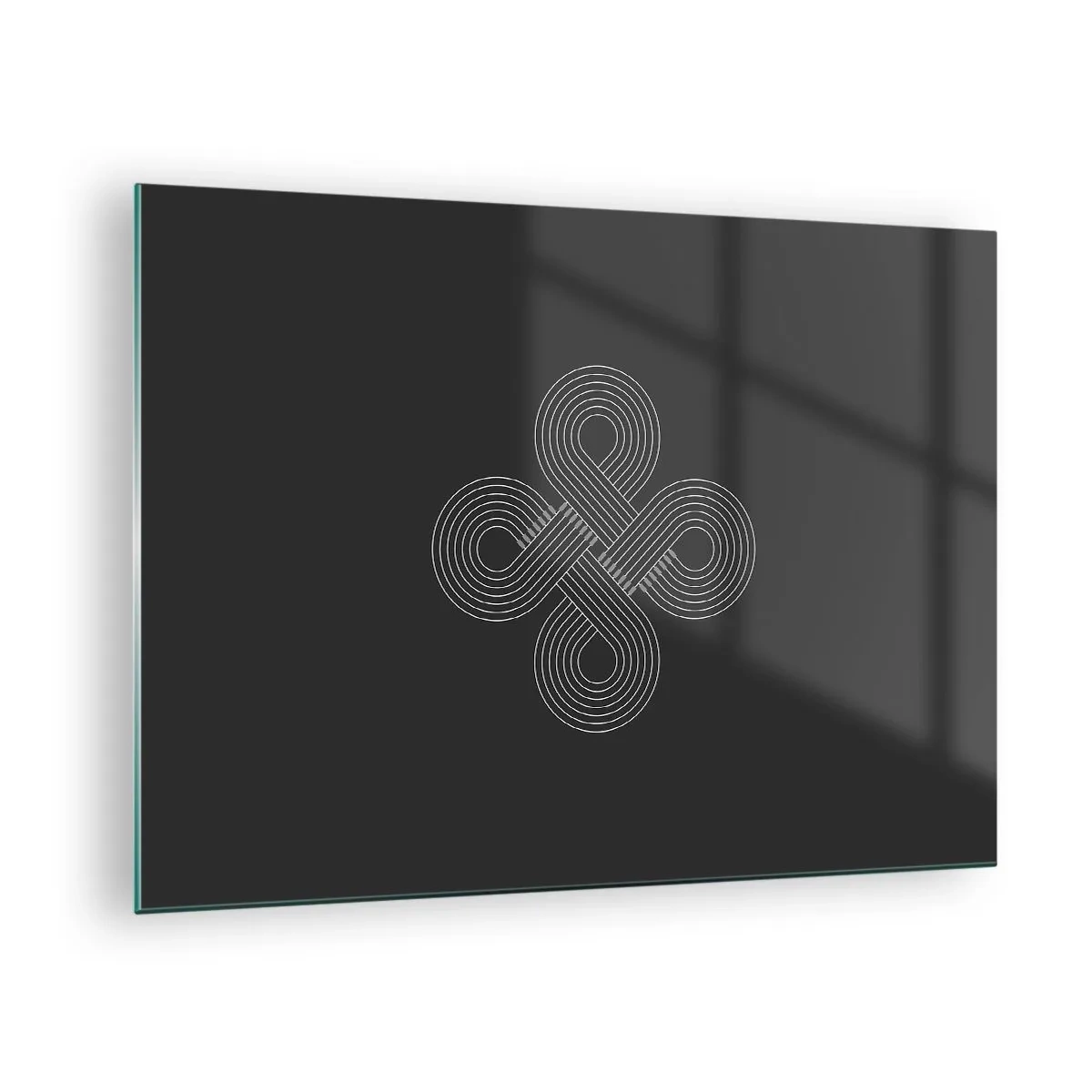 Obraz na skle - Minimalistický bílý keltský symbol na černém pozadí - 70x50cm - V keltském duchu - Moderní nástěnná dekorace do obývacího pokoje a ložnice ARTTOR