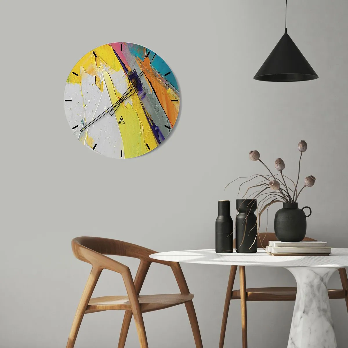 Nástěnné hodiny - Barevná abstrakce s převahou žluté, bílé a modré - 30x30cm - Anatomie světla - Moderní nástěnná dekorace do obývacího pokoje, kuchyně a ložnice ARTTOR