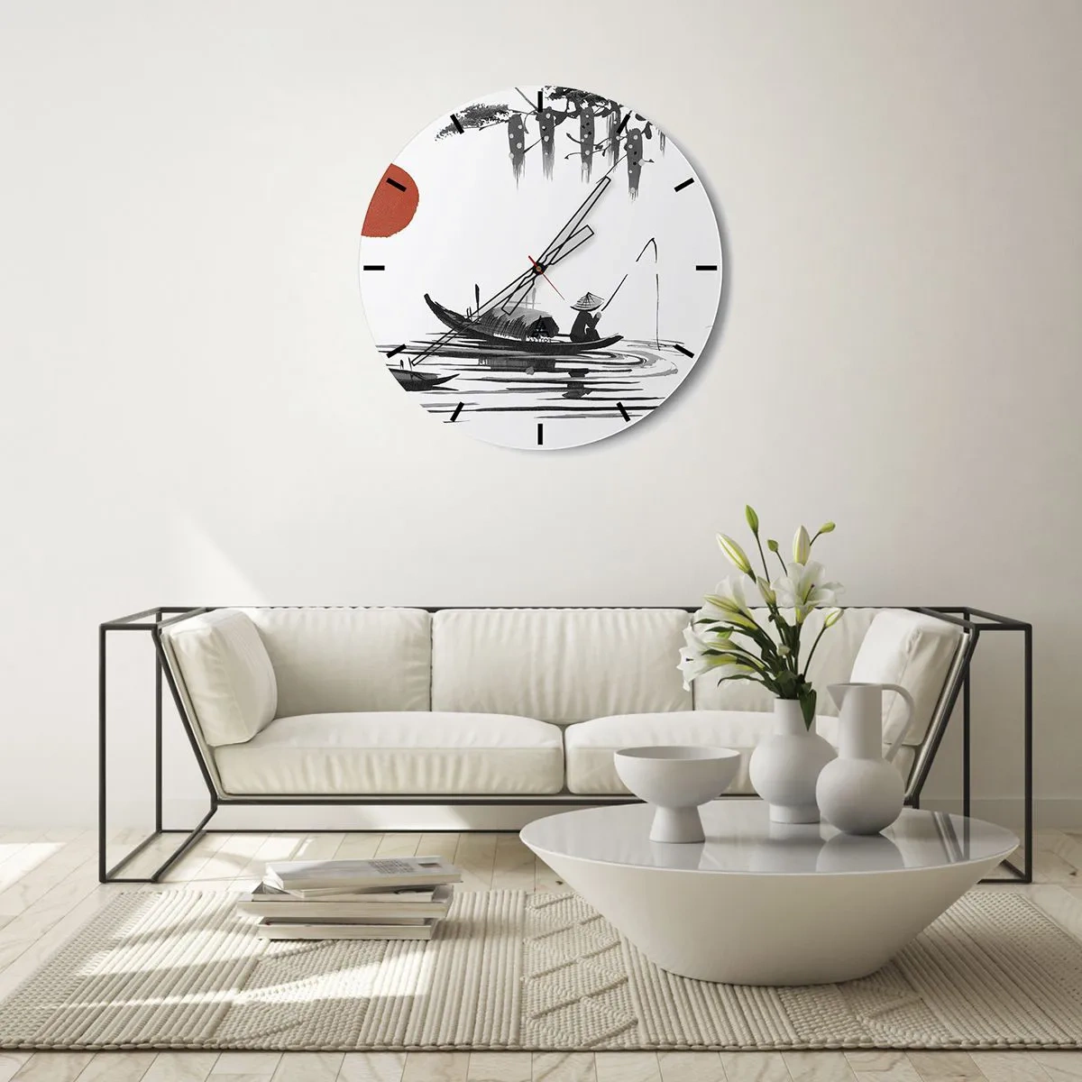Nástěnné hodiny - Tradiční ilustrace rybáře v lodi proti rudému slunci - 30x30cm - Asijské odpoledne - Moderní nástěnná dekorace do obývacího pokoje, kuchyně a ložnice ARTTOR
