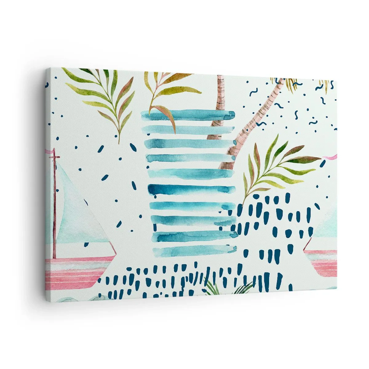 Obraz na plátně - Abstraktní vzor s palmami a námořními akcenty - 70x50cm - Prázdniny pod palmami - Moderní nástěnná dekorace do obývacího pokoje a ložnice ARTTOR