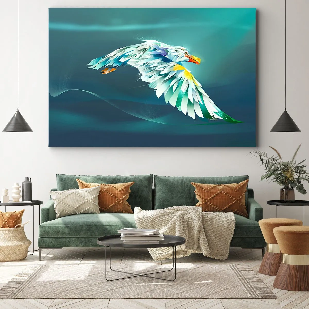Obraz na plátně - Abstraktní orel za letu proti tyrkysové obloze - 70x50cm - Orlí síla tvých letů - Moderní nástěnná dekorace do obývacího pokoje a ložnice ARTTOR