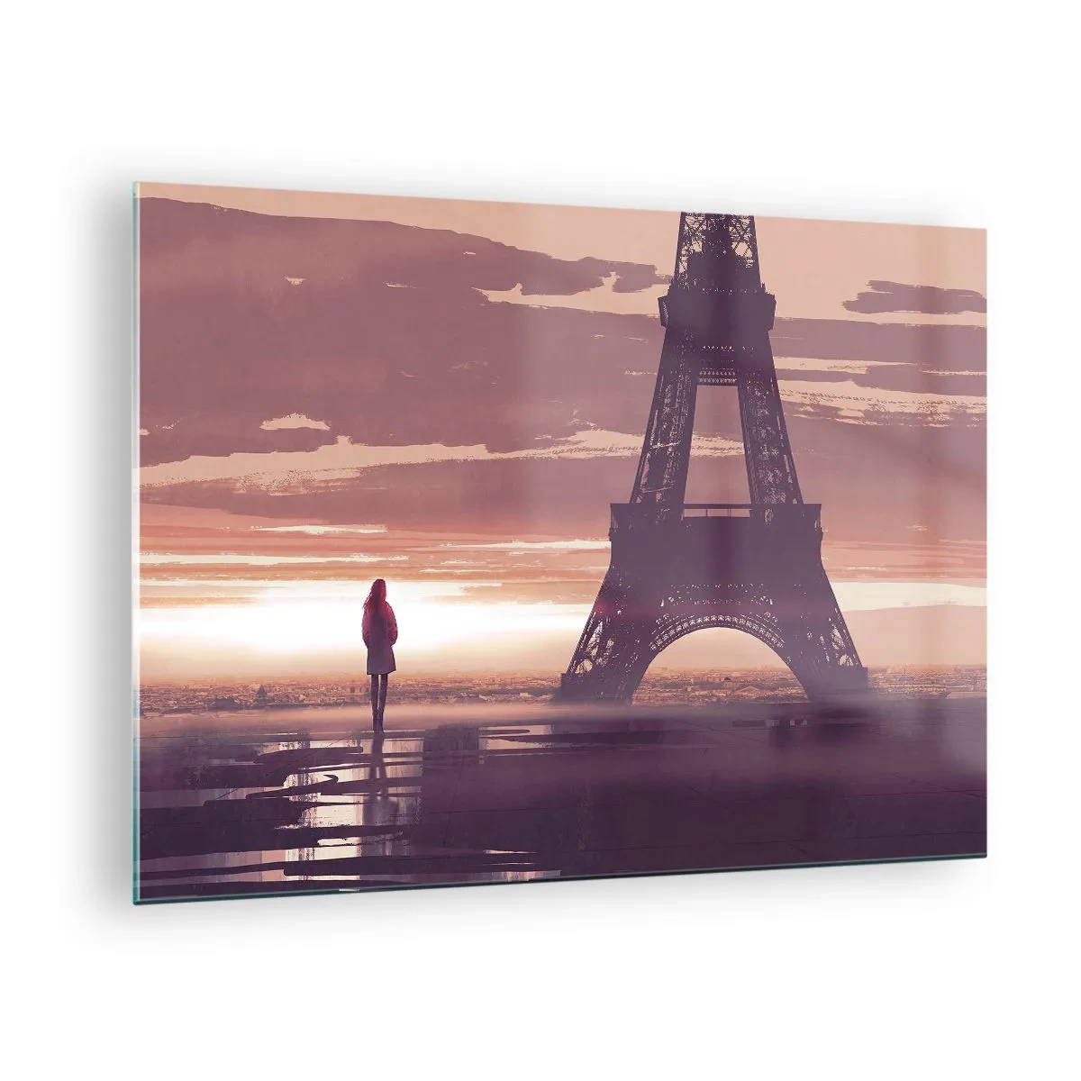 Obraz na skle - Eiffelova věž při západu slunce se siluetou osoby - 70x50cm - Pouze ty dvě - Moderní nástěnná dekorace do obývacího pokoje a ložnice ARTTOR