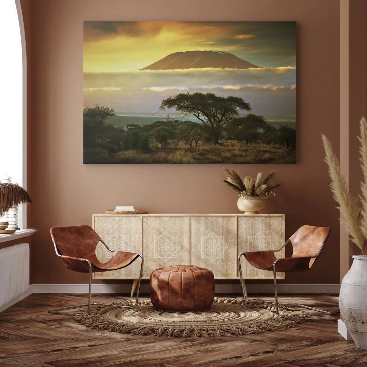 Obraz na plátně - Africká krajina s Kilimandžárem při východu slunce - 70x50cm - Sen cestovatele - Moderní nástěnná dekorace do obývacího pokoje a ložnice ARTTOR