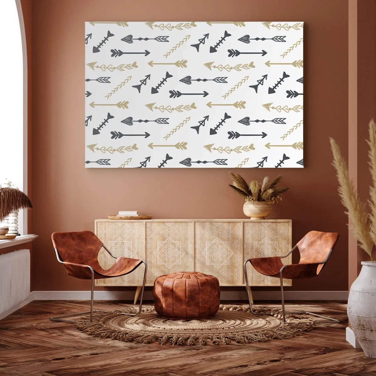 Obraz na plátně - Minimalistický vzor se šipkami v béžové a šedé barvě. - 70x50cm - Sen lučišníka - Moderní nástěnná dekorace do obývacího pokoje a ložnice ARTTOR