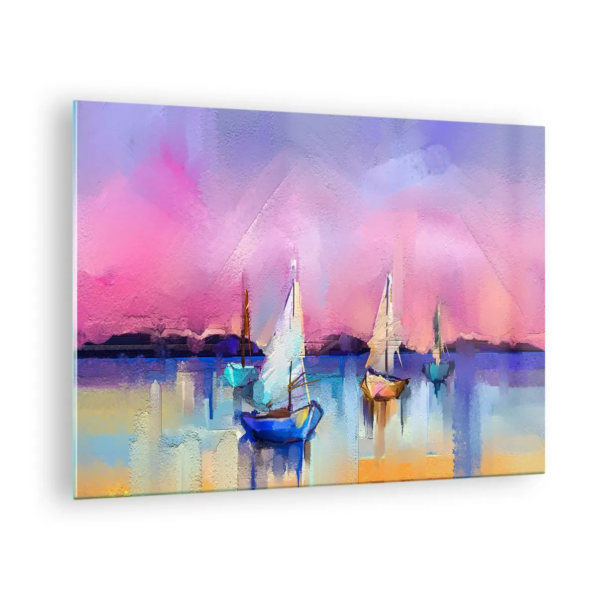 Obraz na skle - Abstraktní přístav s plachetnicemi při západu slunce - 70x50cm - Směr: široké vody - Moderní nástěnná dekorace do obývacího pokoje a ložnice ARTTOR