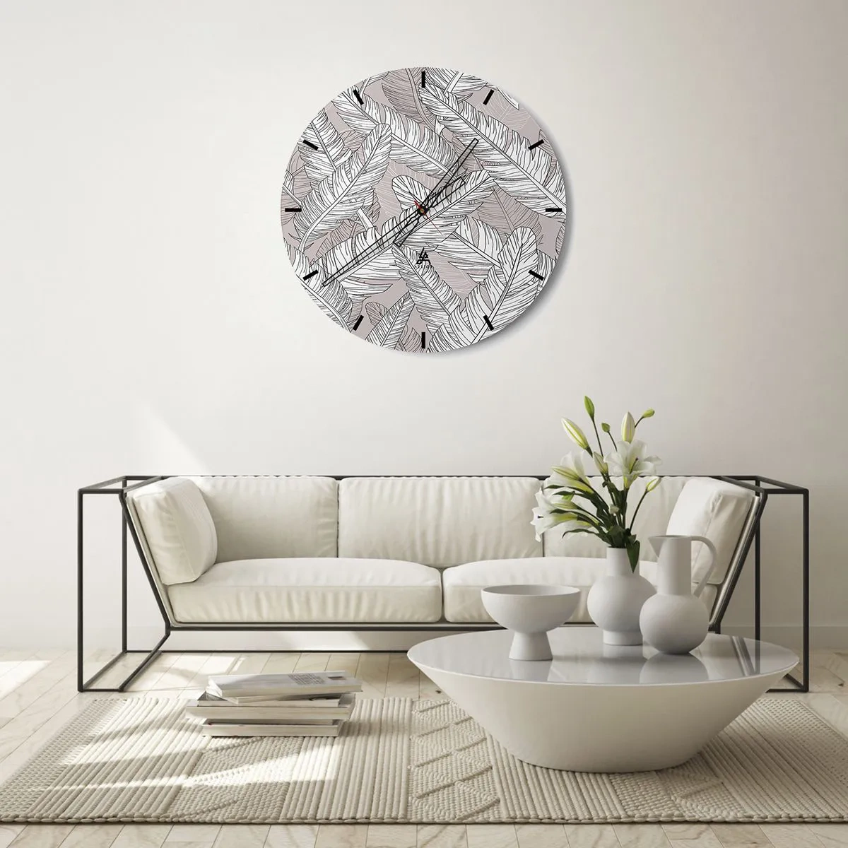 Nástěnné hodiny - Černobílé banánové listy na světlém pozadí - 30x30cm - Víření peří - Moderní nástěnná dekorace do obývacího pokoje, kuchyně a ložnice ARTTOR