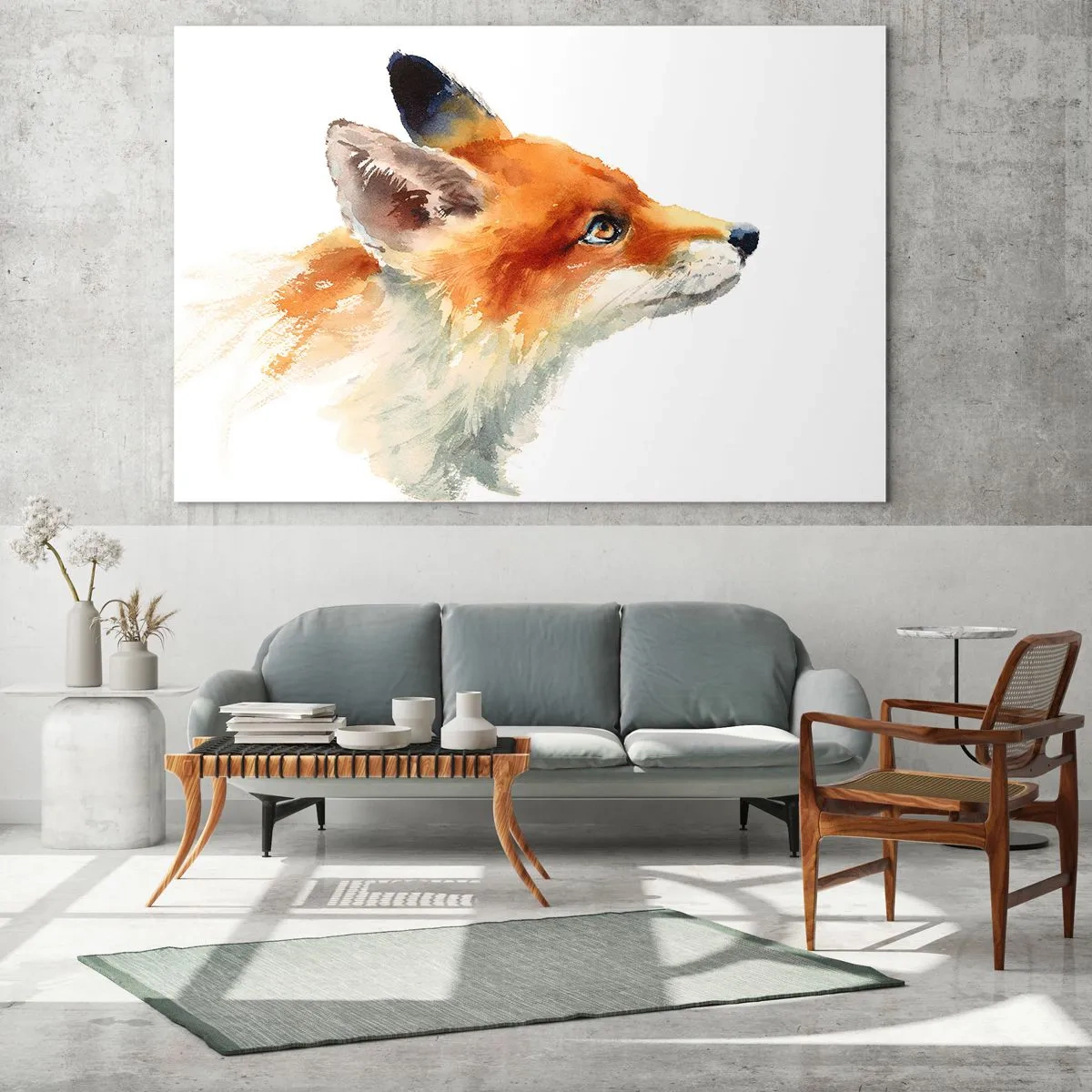 Obraz na skle - Akvarelová ilustrace lišky dívající se do dálky - 70x50cm - Opatrnosti není nikdy dost - Moderní nástěnná dekorace do obývacího pokoje a ložnice ARTTOR