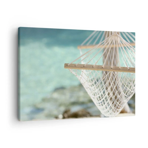 Obraz na plátně - Houpací síť s výhledem na tyrkysovou vodu - 70x50cm - Čas relaxace - Moderní nástěnná dekorace do obývacího pokoje a ložnice ARTTOR