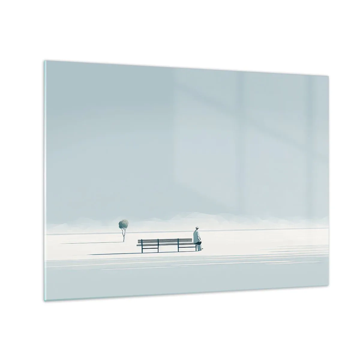 Obraz na skle - Postava na lavičce v minimalistické krajině - 70x50cm - Ano, čekám. - Moderní nástěnná dekorace do obývacího pokoje a ložnice ARTTOR