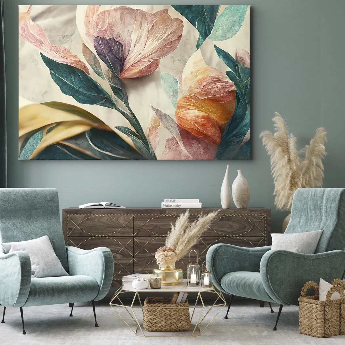 Obraz na plátně - Barevné květiny v tropickém stylu na světlém pozadí - 70x50cm - Květiny jižních ostrovů - Moderní nástěnná dekorace do obývacího pokoje a ložnice ARTTOR