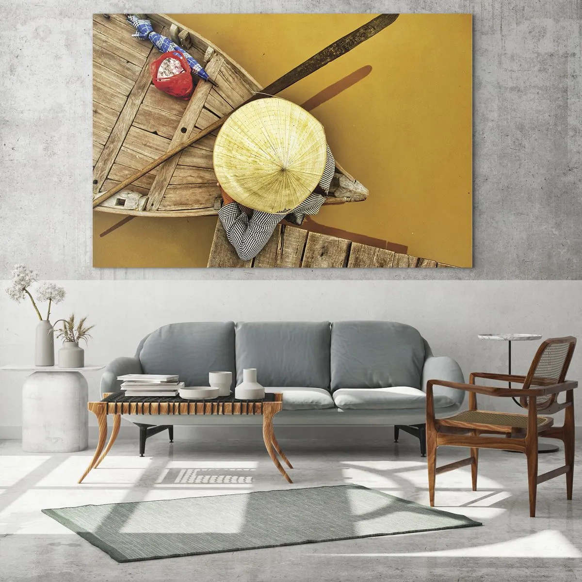 Obraz na skle - Pohled shora na loď a osobu s kuželovitým kloboukem - 70x50cm - Život na žluté řece - Moderní nástěnná dekorace do obývacího pokoje a ložnice ARTTOR