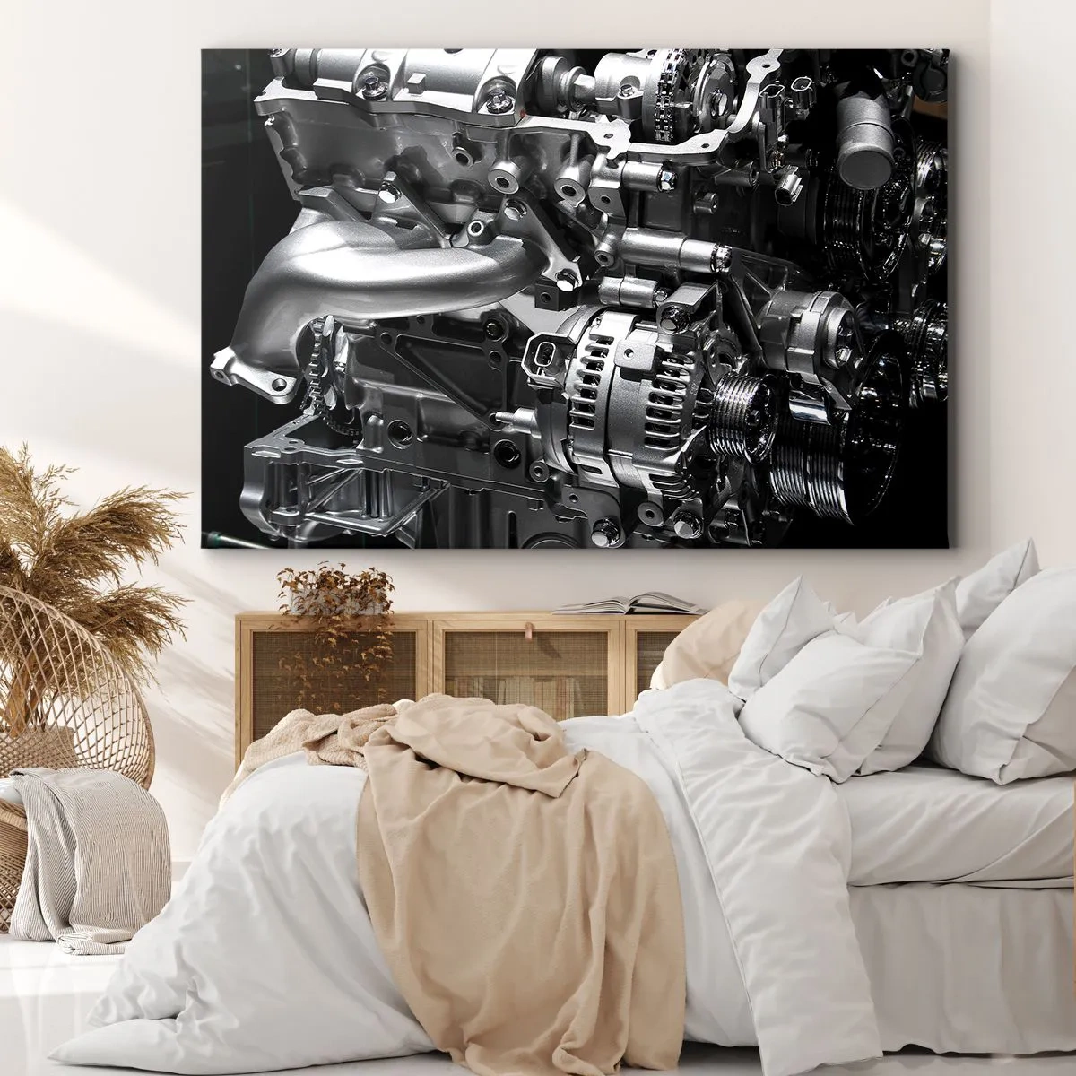 Obraz na plátně - Detail kovových částí motoru na černém pozadí - 70x50cm - Kovový, krásný, silný - Moderní nástěnná dekorace do obývacího pokoje a ložnice ARTTOR
