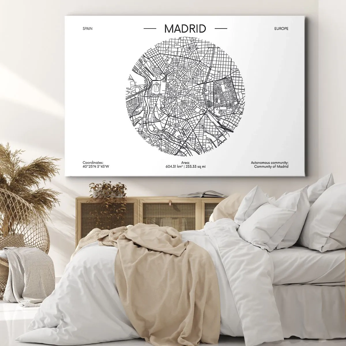 Obraz na plátně - Mapa Madridu v minimalistickém černobílém stylu - 70x50cm - Anatomie Madridu - Moderní nástěnná dekorace do obývacího pokoje a ložnice ARTTOR