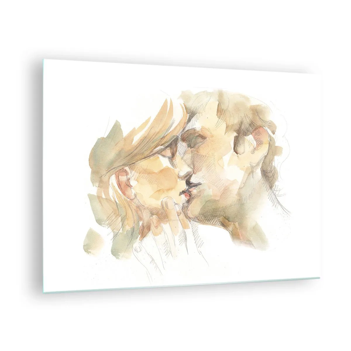 Obraz na skle - Romantický akvarel polibku milenců - 70x50cm - Nalezena polovina? - Moderní nástěnná dekorace do obývacího pokoje a ložnice ARTTOR
