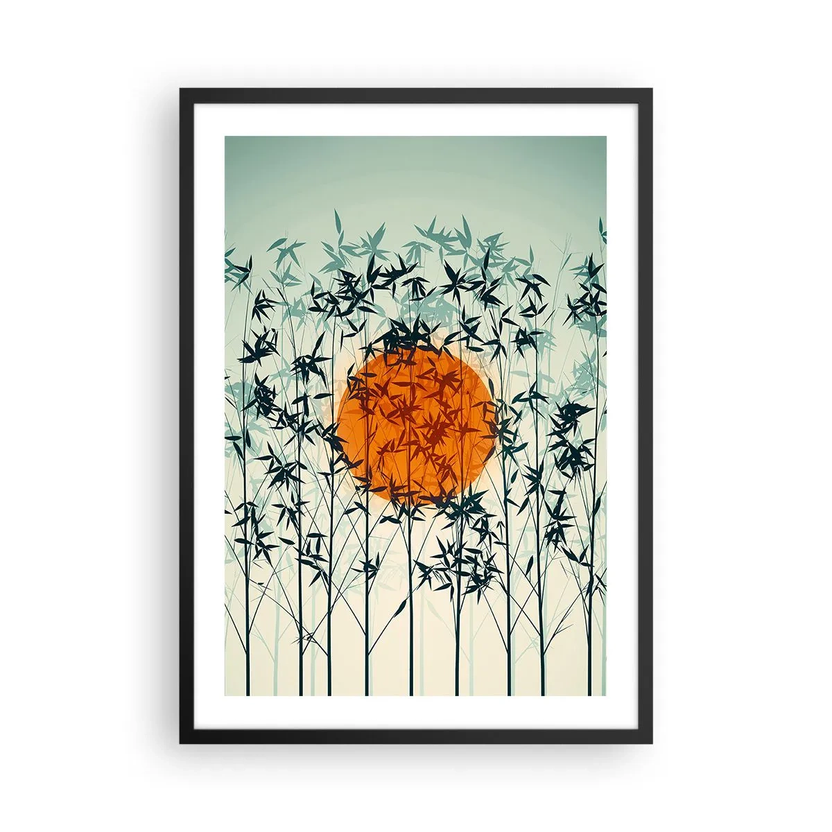 Plakát v černém rámu - Slunce za bambusovými větvemi - 50x70cm - Japonské slunce - Moderní nástěnná dekorace do obývacího pokoje a ložnice ARTTOR