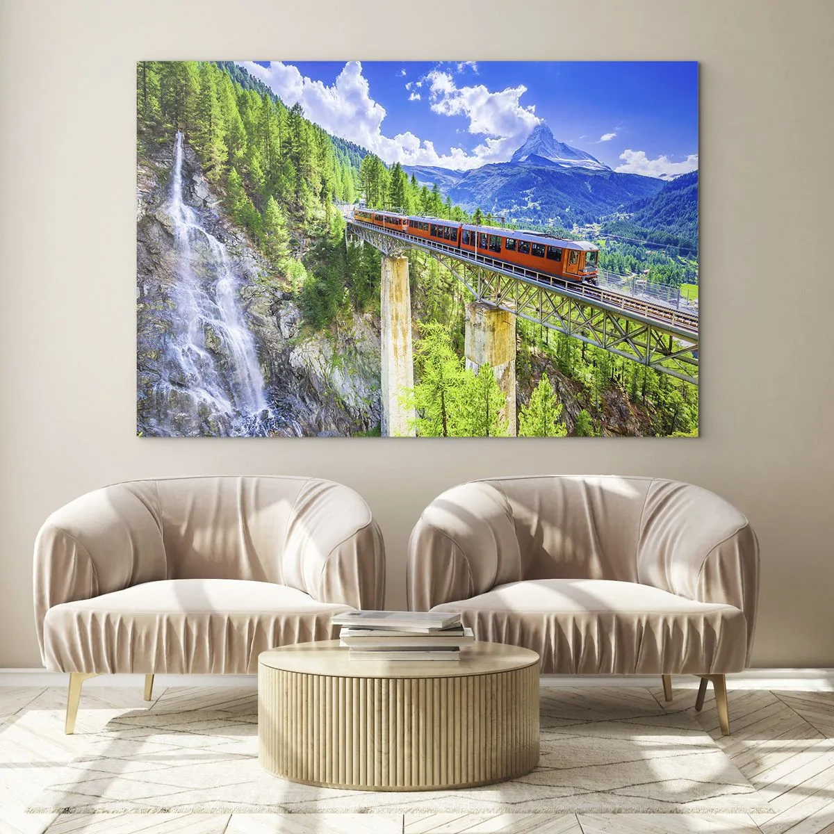 Obraz na skle - Alpský vlak na mostě s výhledem na vodopád - 70x50cm - Alpská železnice - Moderní nástěnná dekorace do obývacího pokoje a ložnice ARTTOR
