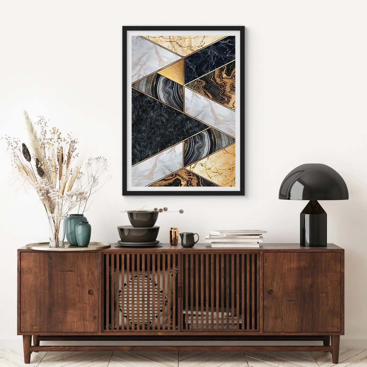 Plakát v černém rámu - Mramorová geometrie v odstínech zlaté, černé a bílé - 50x70cm - Kámen vedle kamene - Moderní nástěnná dekorace do obývacího pokoje a ložnice ARTTOR