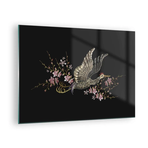 Obraz na skle - Vyšívaný pták za letu s květinami v pozadí na tmavém pozadí - 70x50cm - Exotický vyšívaný pták - Moderní nástěnná dekorace do obývacího pokoje a ložnice ARTTOR