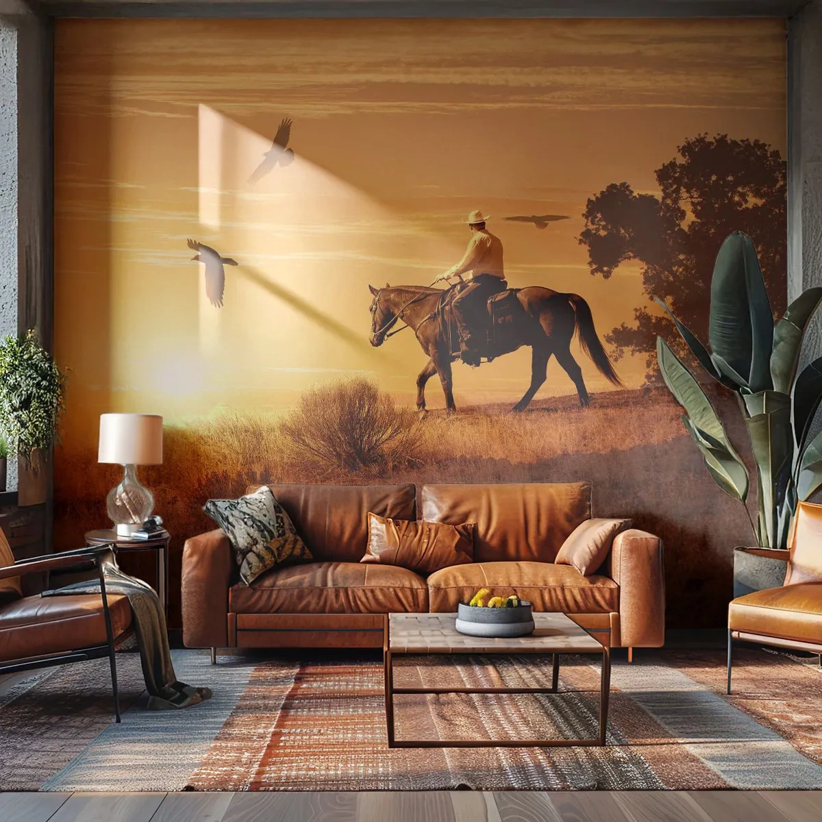 Fototapeta Premium Canvas - Sám prérií - Kůň, Kovboj, Krajina - 350x256 cm