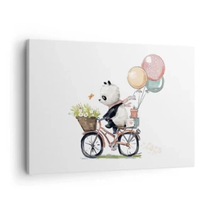 Obraz na plátně - Panda na kole s balónky a květinami - 70x50cm - Šťastný den - Moderní nástěnná dekorace do obývacího pokoje a ložnice ARTTOR