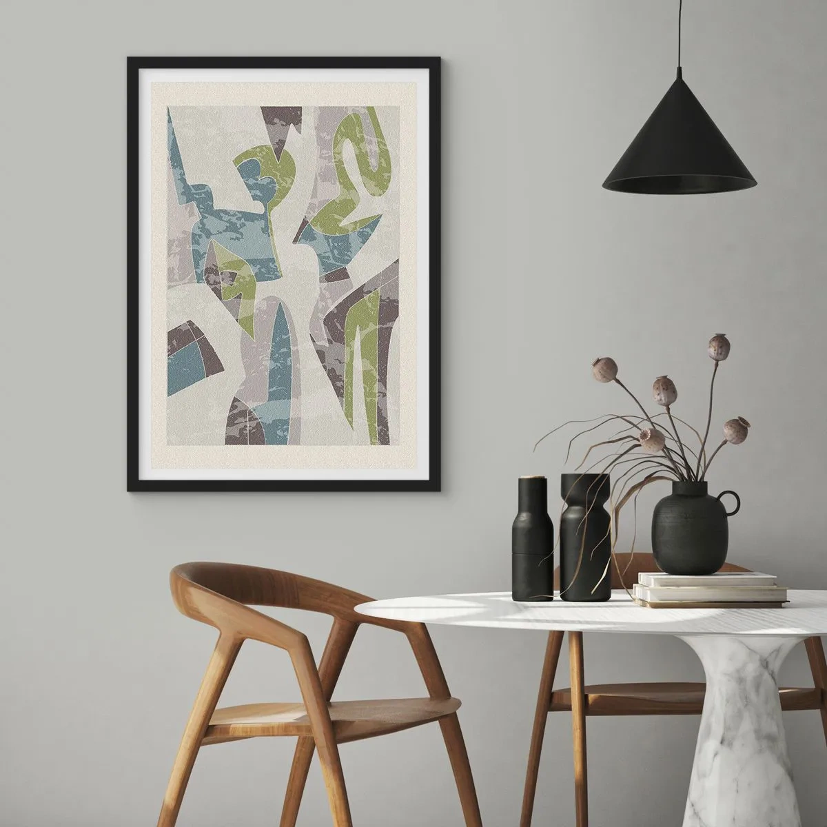 Plakát v černém rámu - Abstraktní postavy v odstínech zelené a modré - 50x70cm - Kompozice za sklem - Moderní nástěnná dekorace do obývacího pokoje a ložnice ARTTOR