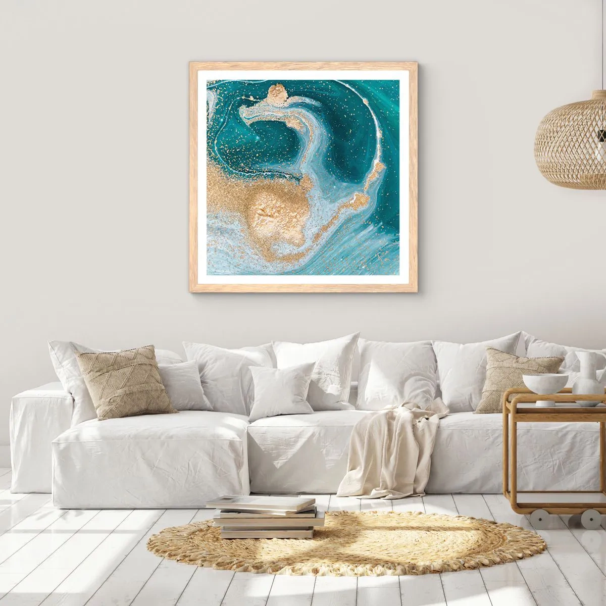 Plakát v rámu světlý dub - Vír zlaté a tyrkysové - 60x60 cm