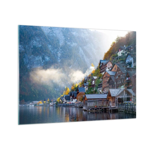 Obraz na skle - Podzimní ráno v horském městečku u jezera - 70x50cm - Alpská krajina - Moderní nástěnná dekorace do obývacího pokoje a ložnice ARTTOR