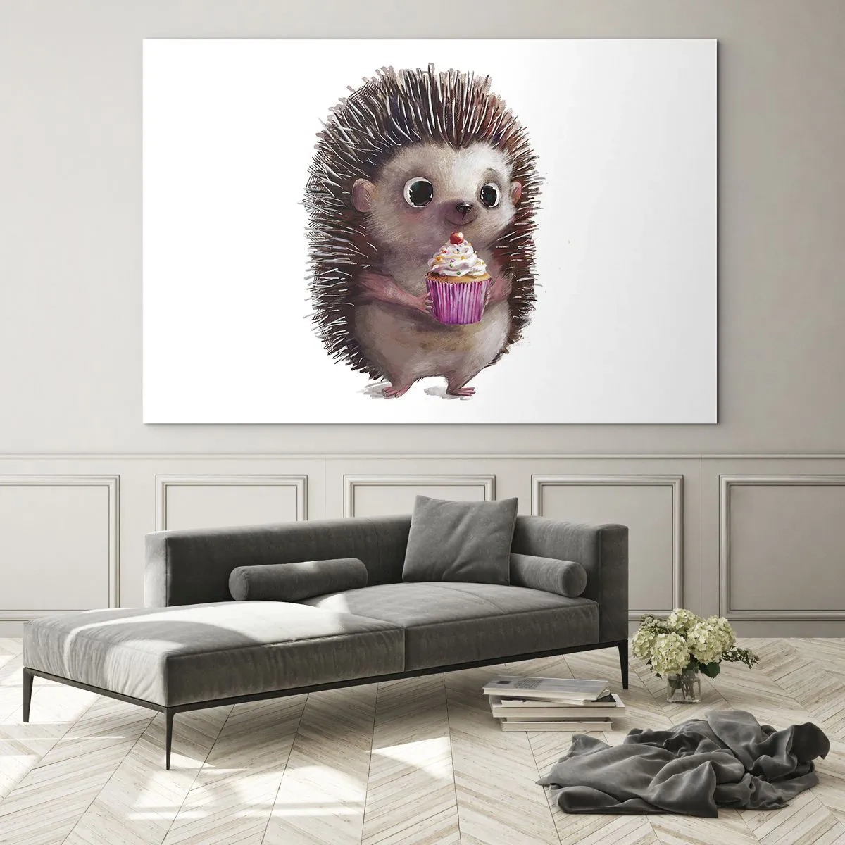 Obraz na skle - Roztomilý ježek s košíčkem na bílém pozadí - 70x50cm - Oslava je každý den - Moderní nástěnná dekorace do obývacího pokoje a ložnice ARTTOR
