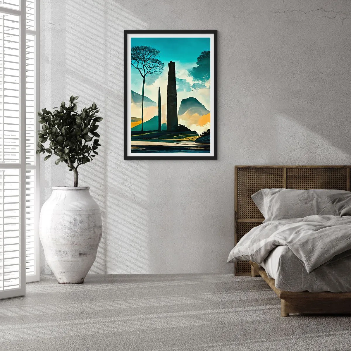 Plakát v černém rámu - Tajemná krajina s monumentálními obelisky - 50x70cm - Výš a výš - Moderní nástěnná dekorace do obývacího pokoje a ložnice ARTTOR