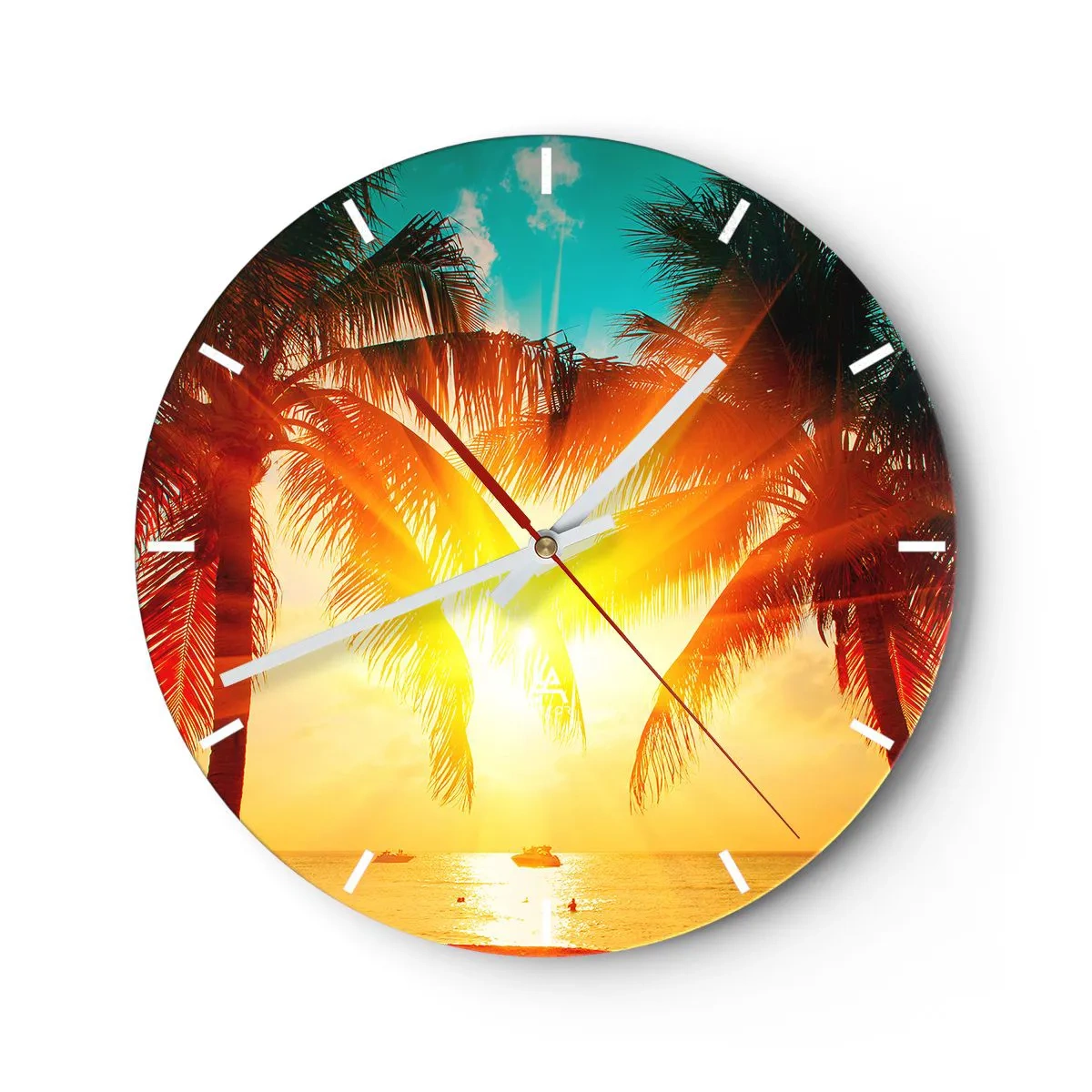 Nástěnné hodiny - Západ slunce za palmami nad tropickým mořem - 30x30cm - Exotický pár - Moderní nástěnná dekorace do obývacího pokoje, kuchyně a ložnice ARTTOR