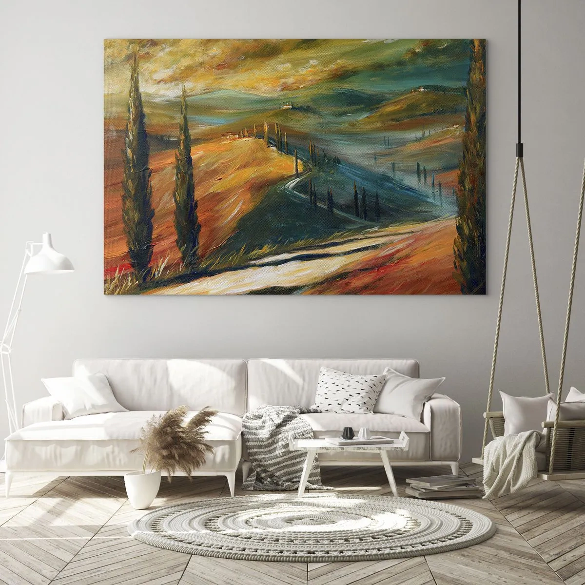 Obraz na skle - Západ slunce nad toskánským kopcem - 70x50cm - Toskánská krajina - Moderní nástěnná dekorace do obývacího pokoje a ložnice ARTTOR