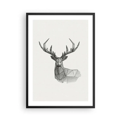 Plakát v černém rámu - Geometrická silueta jelena v černobílém stylu - 50x70cm - Jelen v kubistickém stylu - Moderní nástěnná dekorace do obývacího pokoje a ložnice ARTTOR