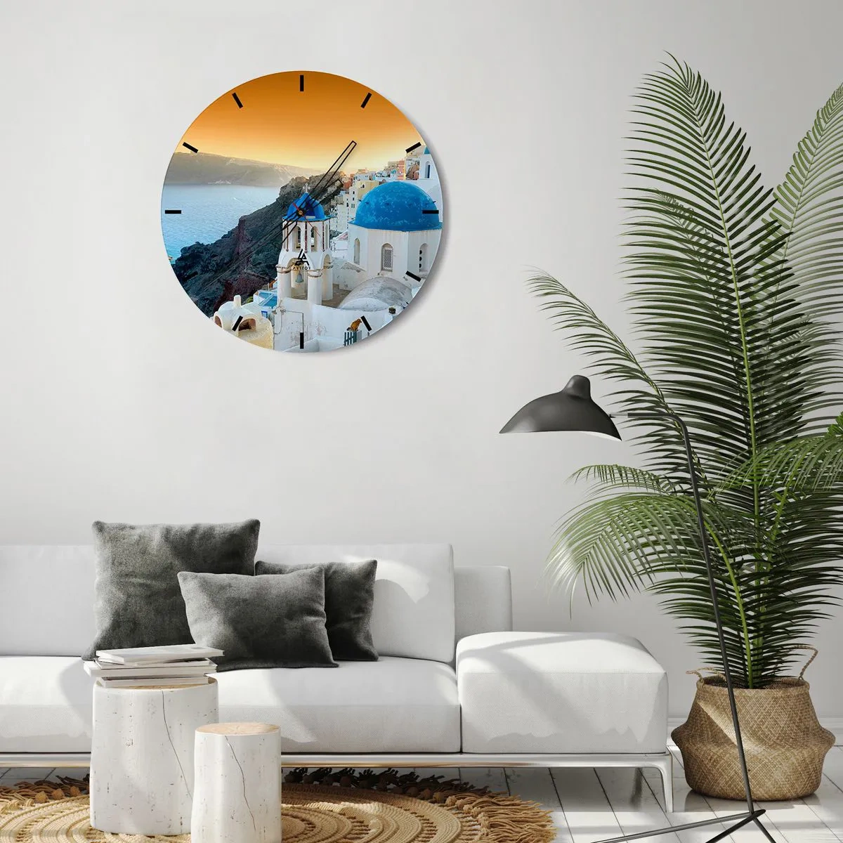 Nástěnné hodiny - Santorini s výhledem na moře při západu slunce - 30x30cm - Santorini - přitulené ke skalám - Moderní nástěnná dekorace do obývacího pokoje, kuchyně a ložnice ARTTOR