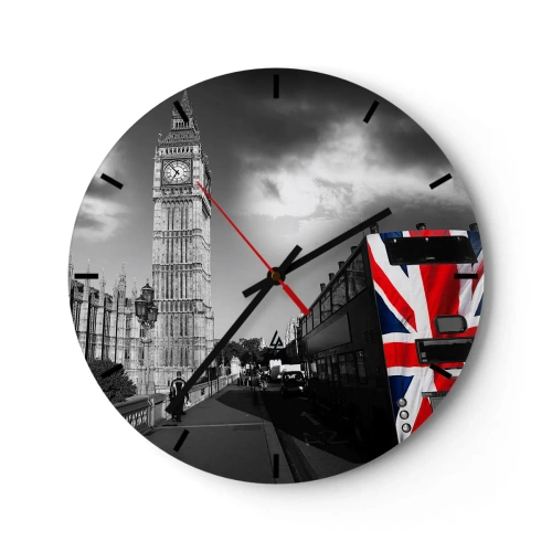 Nástěnné hodiny - Big Ben a autobus s motivem britské vlajky - 30x30cm - Hrdá a velká - Moderní nástěnná dekorace do obývacího pokoje, kuchyně a ložnice ARTTOR