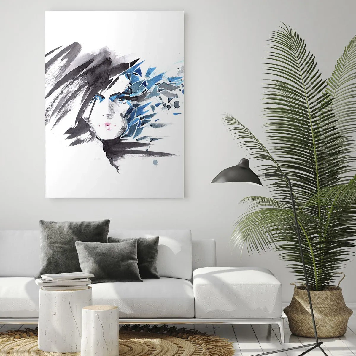 Obraz na skle - Smyslný portrét v šedé a modré - 50x70 cm