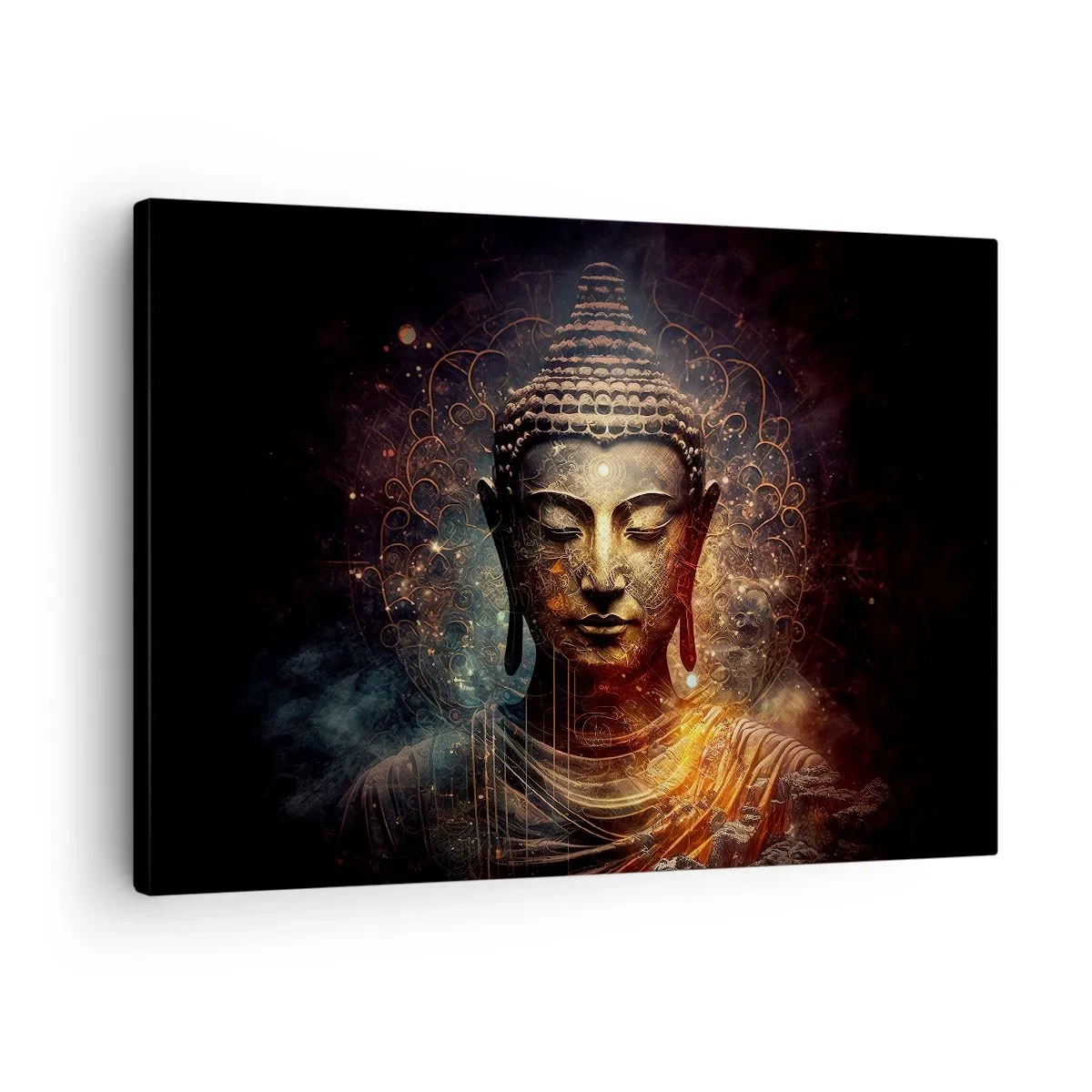 Obraz na plátně - Zlatý Buddha na tmavém pozadí s ornamenty - 70x50cm - Duchovní rovnováha - Moderní nástěnná dekorace do obývacího pokoje a ložnice ARTTOR