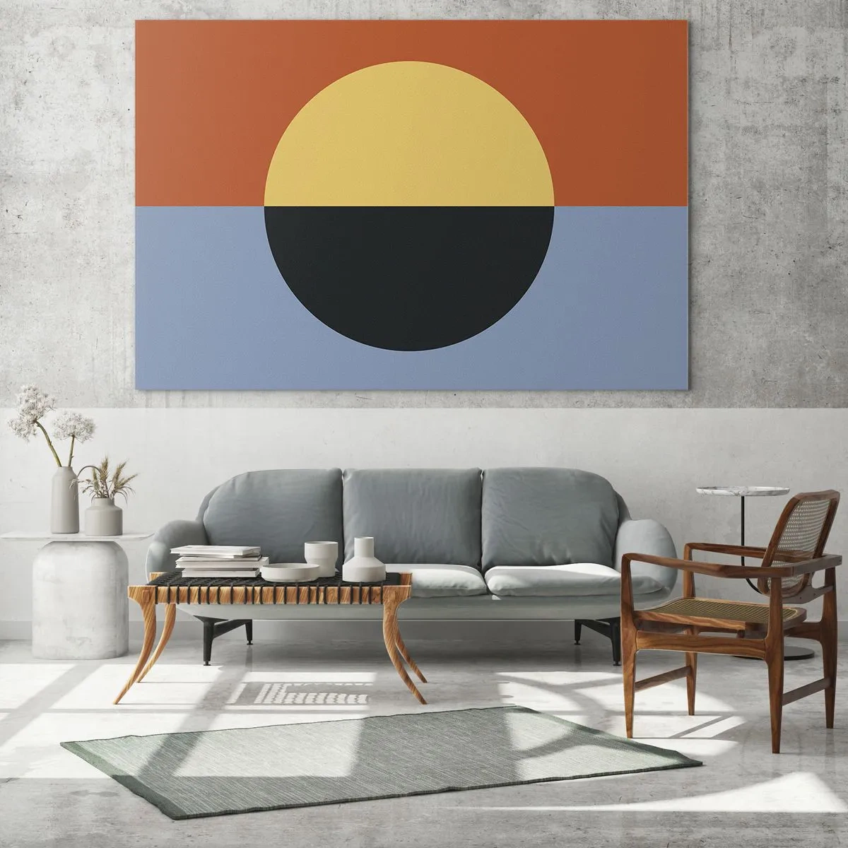 Obraz na skle - Abstraktní kompozice s kruhem v teplých a studených odstínech - 70x50cm - Kompozice tepla a chladu - Moderní nástěnná dekorace do obývacího pokoje a ložnice ARTTOR
