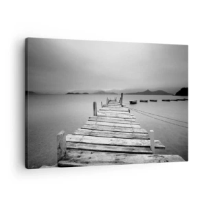 Obraz na plátně - Černobílý pohled na dřevěné molo a klidné jezero. - 70x50cm - Za horami, za moři - Moderní nástěnná dekorace do obývacího pokoje a ložnice ARTTOR