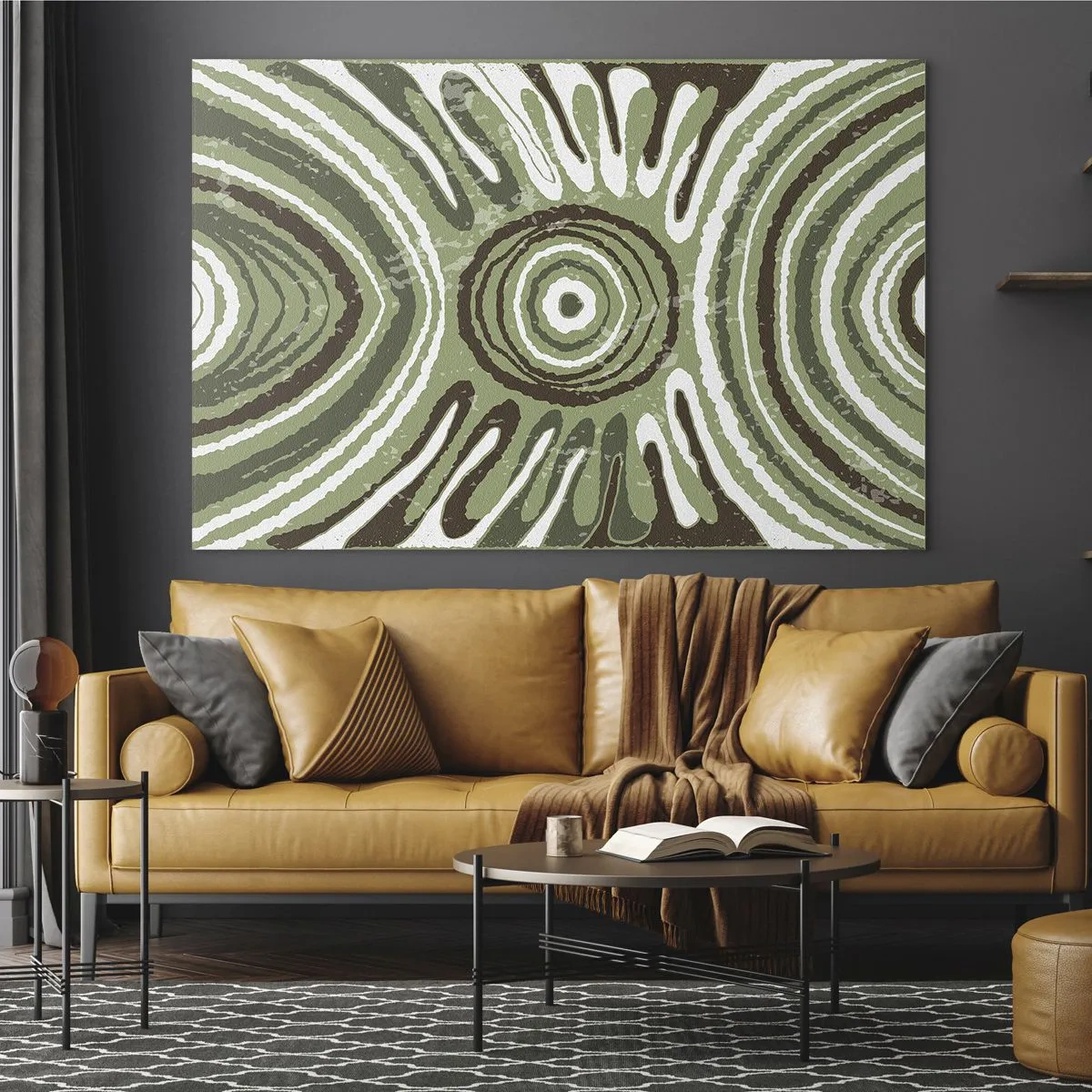 Obraz na skle - Zelené soustředné kruhy a abstraktní čáry - 70x50cm - Exploze emocí - Moderní nástěnná dekorace do obývacího pokoje a ložnice ARTTOR