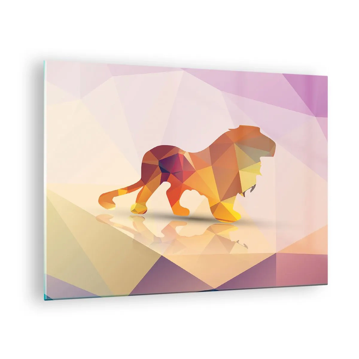 Obraz na skle - Geometrický lev v barevné abstrakci - 70x50cm - Diamantový král - Moderní nástěnná dekorace do obývacího pokoje a ložnice ARTTOR