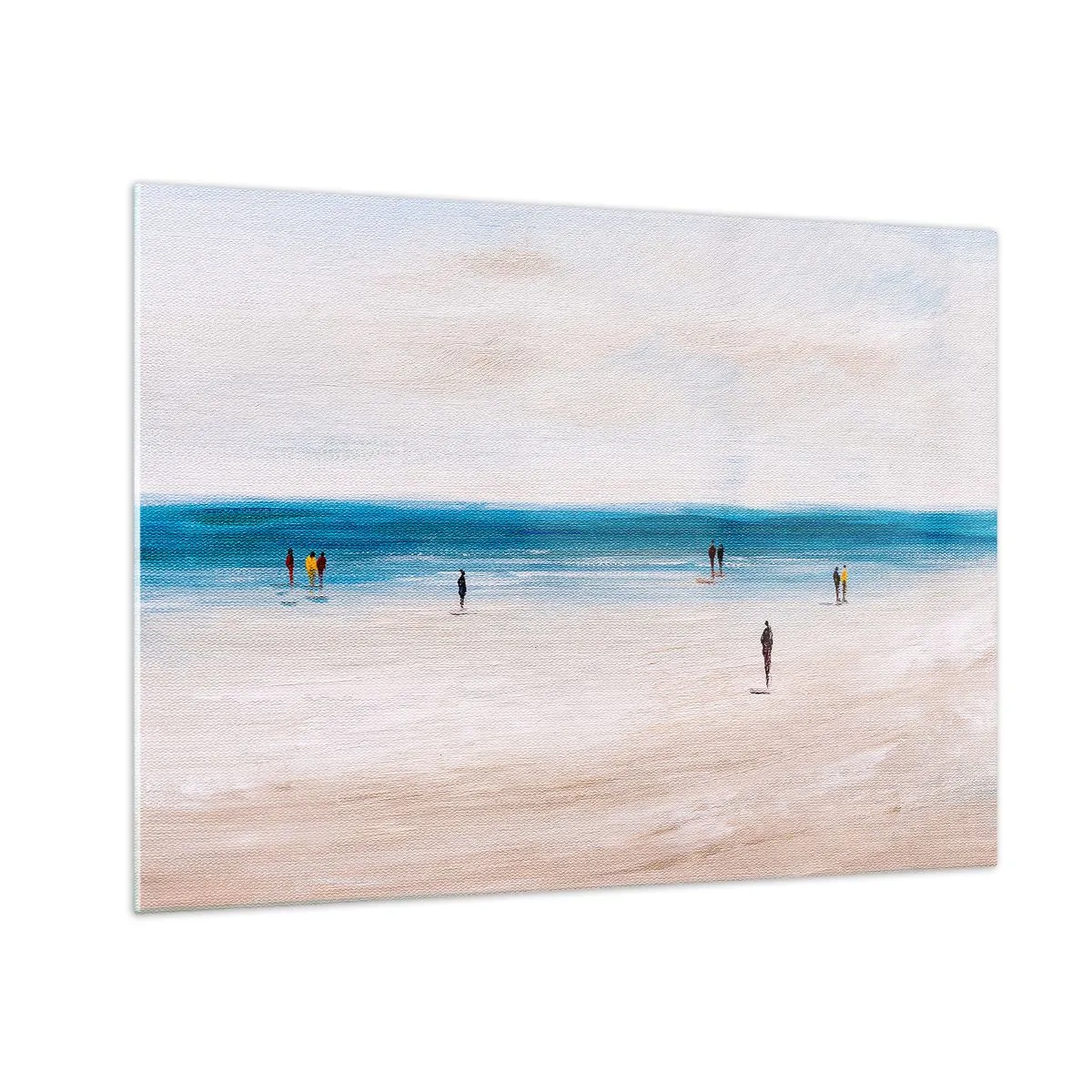 Obraz na skle - Klidná pláž se siluetami lidí jdoucích podél mořské linie - 70x50cm - Přirozená potřeba - Moderní nástěnná dekorace do obývacího pokoje a ložnice ARTTOR