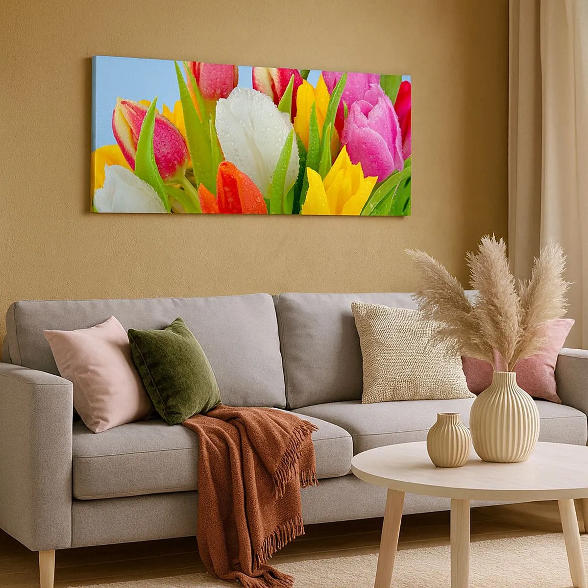 Obraz na plátně - Květinová duha v kapkách rosy - 100x40 cm